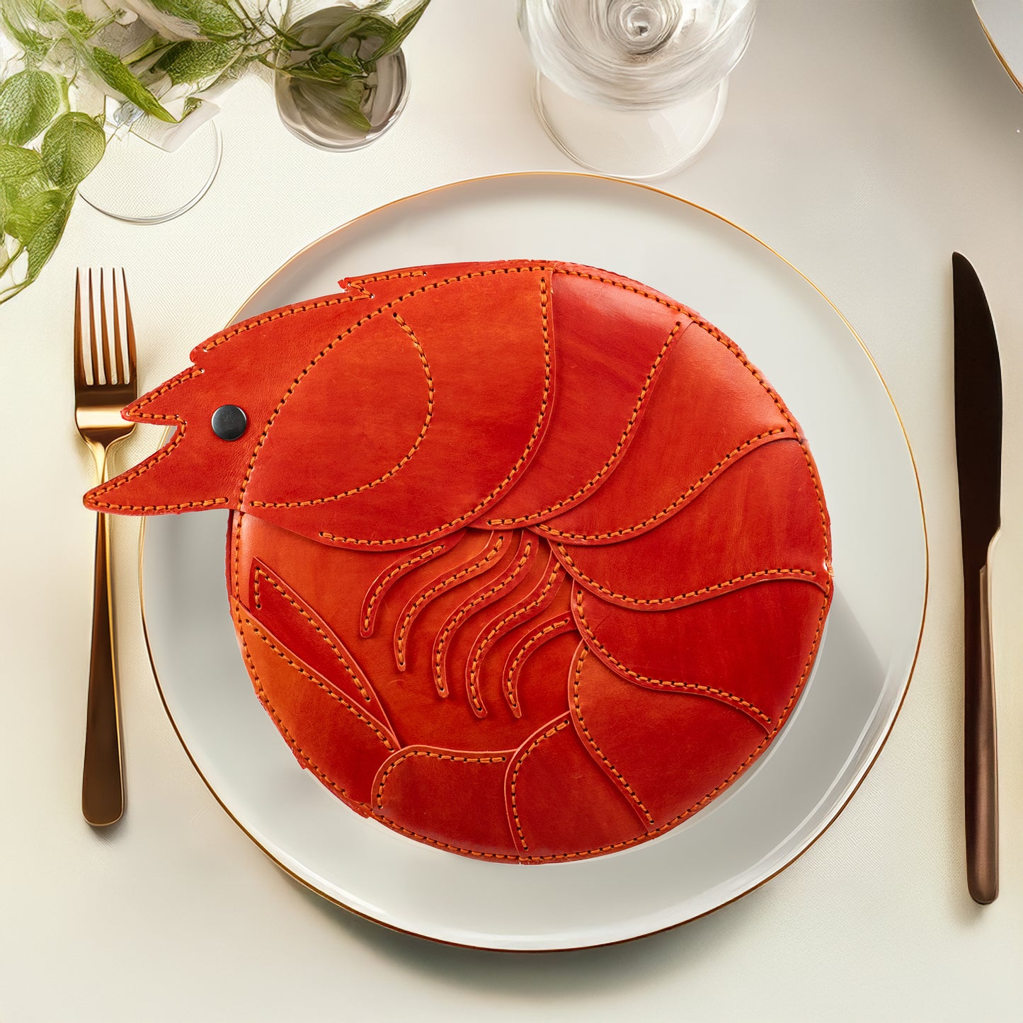 Photo of a limited-edition shrimp leather handbag with hand-dyed orange texture by ATOM LEATHER. The bag is placed in an elegant dish, as it is real shrimp.