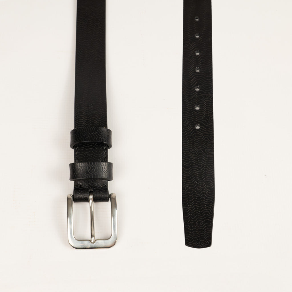 Handcrafted Leather Belt Black with Pyrography Wave Design