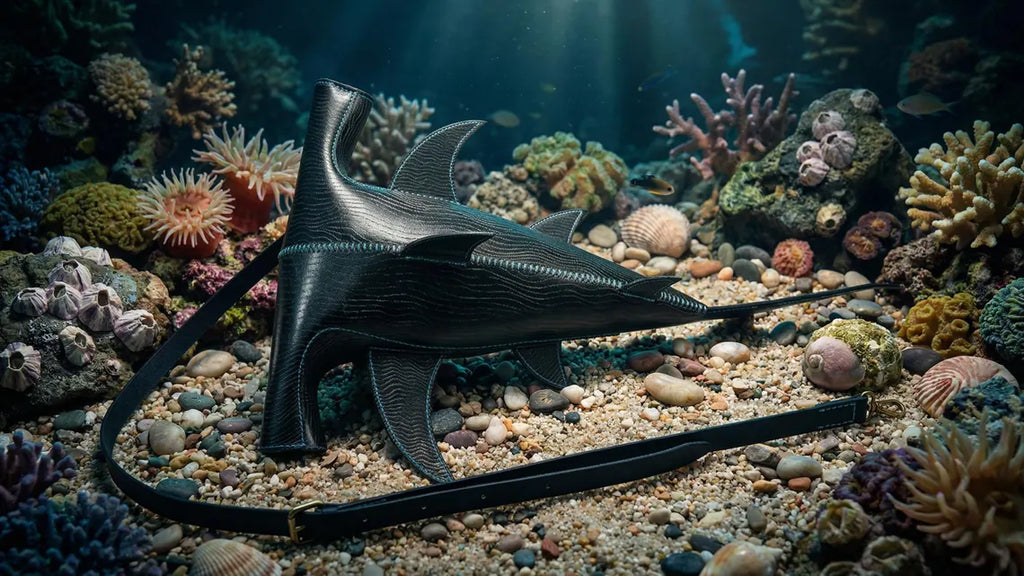 A black leather purse shaped like a shark resting on a sandy ocean floor surrounded by coral and shells, with a long strap extending across the scene.  Made by ATOM Leather.