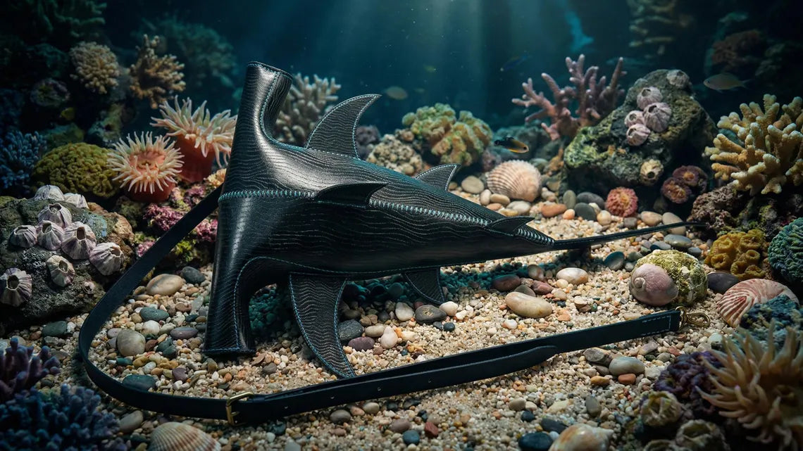 A black leather purse shaped like a shark resting on a sandy ocean floor surrounded by coral and shells, with a long strap extending across the scene.  Made by ATOM Leather.