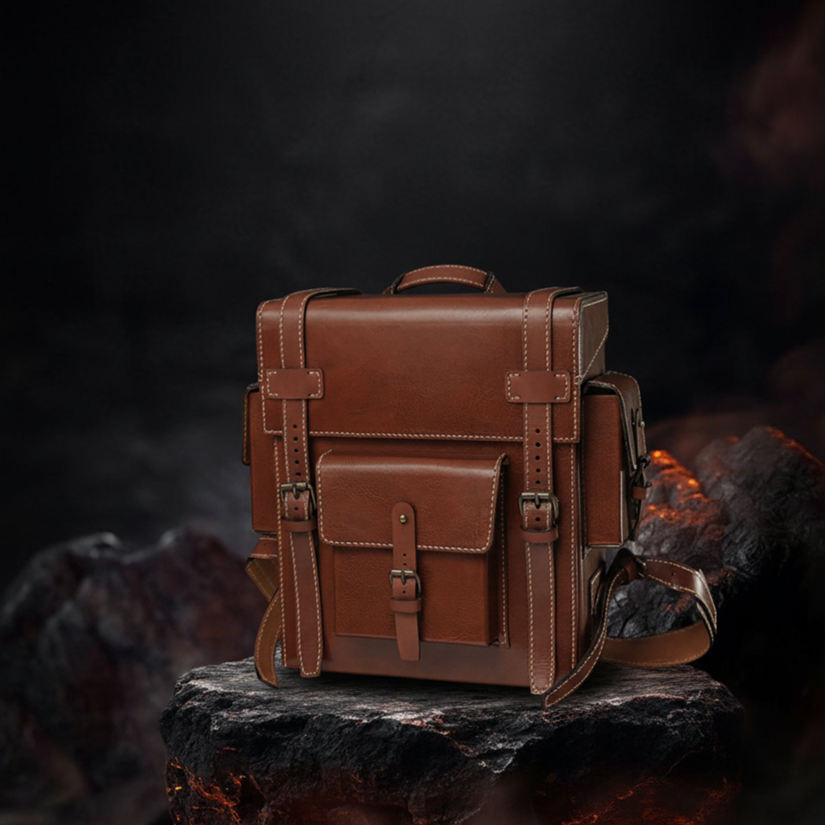 Brown leather backpack on a dark background. Brown leather Toshiro backpack on a white background, designed and handcrafted by ATOM LEATHER.