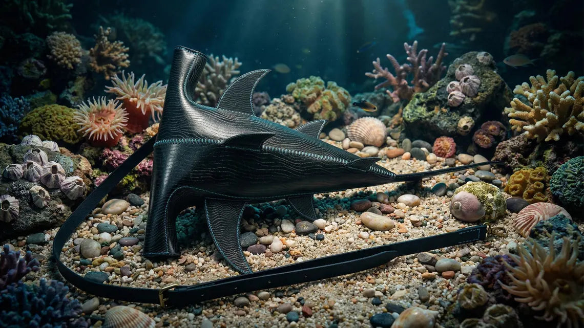 A black leather shark-shaped handbag with a long strap, displayed on a sandy ocean floor surrounded by coral and shells under underwater light rays.  Made by ATOM Leather.