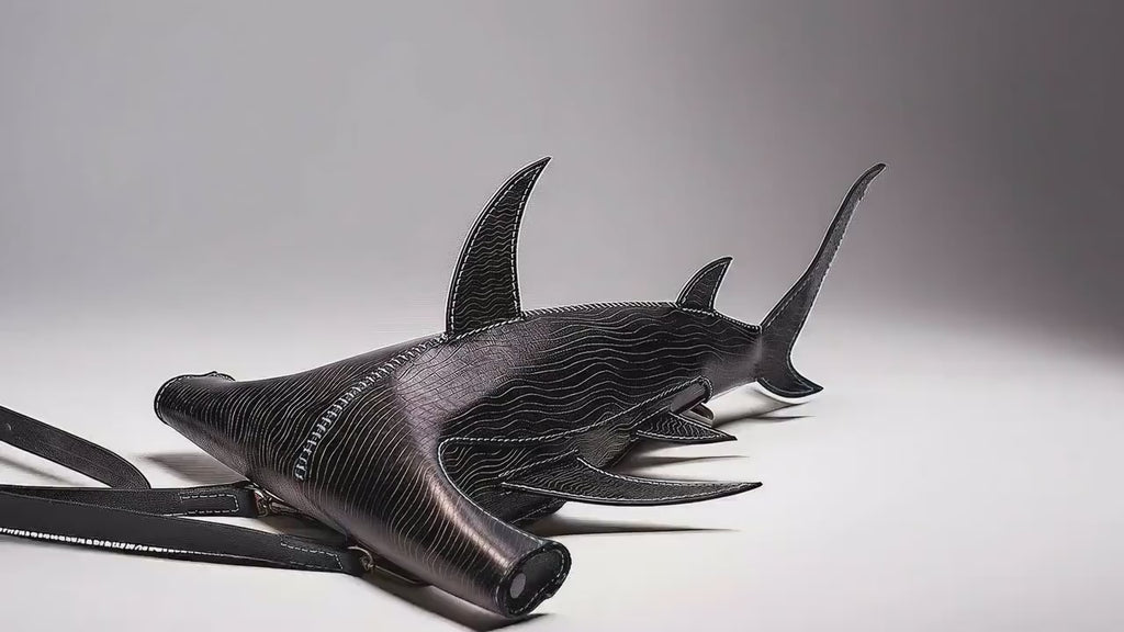 A  Hammerhead Shark Leather Bag animation on the bottom of the ocean. Made by ATOM Leather.